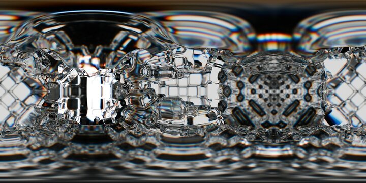 Dark HDRI, futuristic 3D environment of complex transparent crystal forms with intense reflections and rainbow light distortions. A dramatic, immersive sci-fi tunnel with a sleek digital atmosphere.