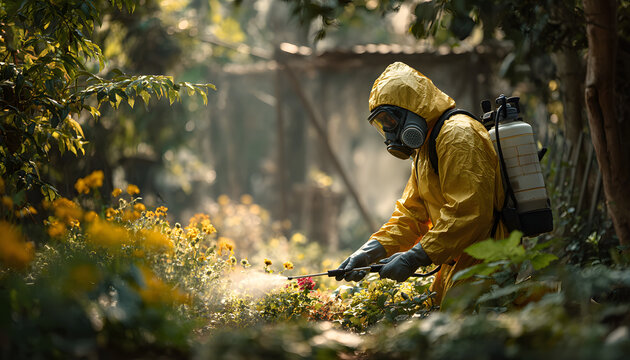 Pest control worker spraying insecticide. Professional exterminator in protective suit handles garden plants. Man with sprayer fights insects on backyard plants. Disinfection, deratization service. - Powered by Adobe