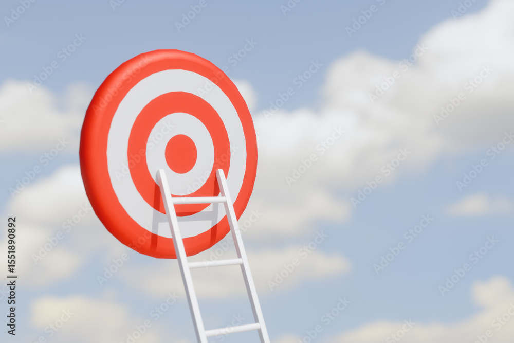 Aufkleber ladder reaching a red and white target against a cloudy sky. 3d rendering