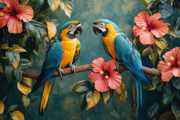 parrots perched on a branch with flowers.
