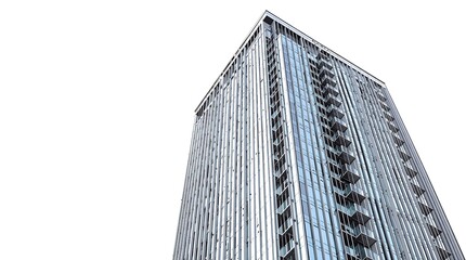 Steel and Glass Skyscraper Ascending Against a Bright White Sky, Upward Perspective.