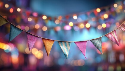 Colorful carnival background with bunting flags and bokeh lights for birthday party banner template design