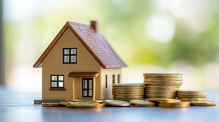 A miniature house sits atop a stack of coins, symbolizing real estate investment and the relationship between financial capital and property.