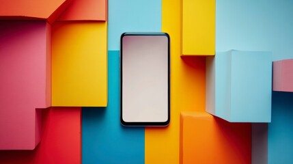 Smartphone with blank screen on colorful geometric background.