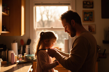 Father helps daughter get dressed in morning light.