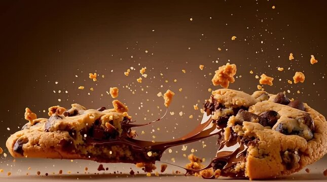 Chocolate chip cookie breaks apart with crumbs and melted filling. Slow motion. 4K.
