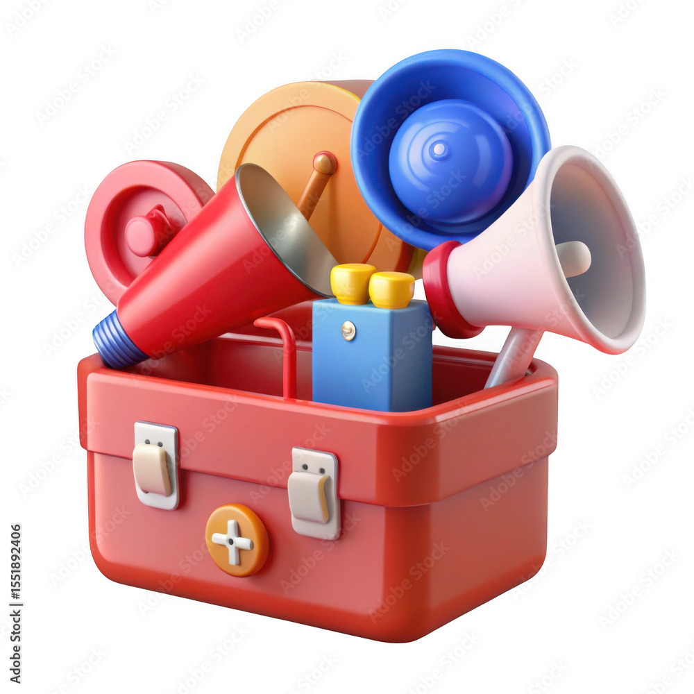 Poster 3d toolbox with communication devices isolated on transparent background