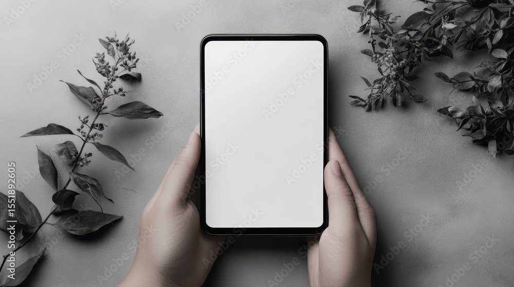Poster elegant minimalist display with hands and greenery for ux design