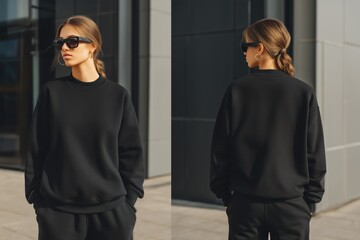 A stylish young woman wearing a black oversized sweatshirt sports suit mockup and matching pants, standing outdoors. She has sunglasses on and her hair is styled in a low ponytail.