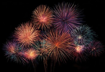 Spectacular colorful fireworks display in the night sky with wide - angle and telephoto lens, suitable for celebration events.