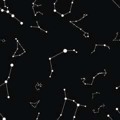 Seamless vector pattern of connecting constellation stars against a dark background, a celestial network perfect for space and astronomy themes