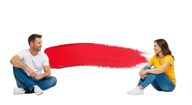 Isolated Man and Woman Sitting with Abstract Red Brush Stroke for Communication Concept