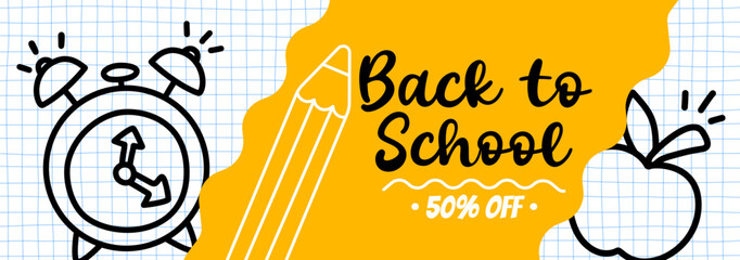 Back to School 50% Off banner with school supplies, back to school promotional banner, digital advertising for schools and colleges