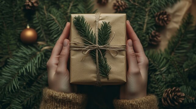 Woman's hands holding a rustic, brown paper-wrapped gift adorned with twine and pine sprigs, surrounded by pine branches and pine cones.