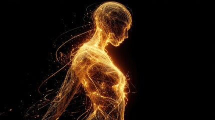 Futuristic human figure made of glowing golden light threads floating in darkness, perfect for conceptual artwork, sci-fi themes and advanced technology editorial content