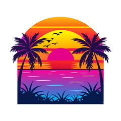 Bold Tropical Sunset T-Shirt Design – Symmetrical Palm Trees, Vibrant Ocean Waves, Bright Floral Foreground, High-Contrast Modern Beach Graphic Print

