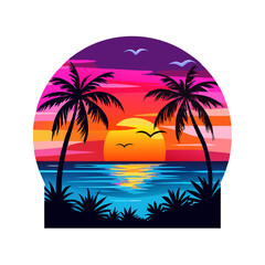 Obraz premium Bold Tropical Sunset T-Shirt Design – Symmetrical Palm Trees, Vibrant Ocean Waves, Bright Floral Foreground, High-Contrast Modern Beach Graphic Print