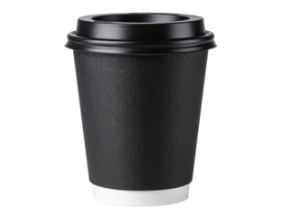  Angled View of Black Coffee Cup with Half-On Sleeve and Off-Center Lid, Transparent PNG