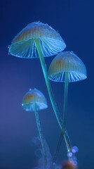 Macro shot of delicate glowing mushrooms with dewdrops against deep blue background, ideal for nature concepts, biological visuals and organic design themes