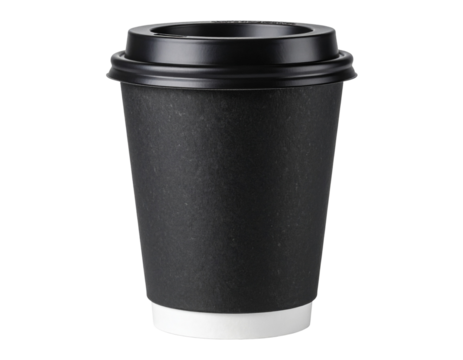  Angled View of Black Coffee Cup with Half-On Sleeve and Off-Center Lid, Transparent PNG - Powered by Adobe