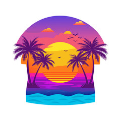 Bold Tropical Sunset T-Shirt Design – Symmetrical Palm Trees, Vibrant Ocean Waves, Bright Floral Foreground, High-Contrast Modern Beach Graphic Print


