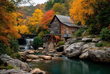 Serene Autumn Scene with Historic Watermill Surrounded by Colorful Foliage Reflecting in Tranquil Stream at Sunset in Vibrant Nature Landscape