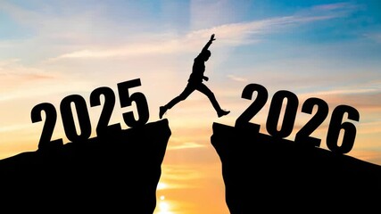 Leaping into 2026 New Year Success Silhouette at Sunset - Powered by Adobe