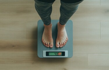 Photo of a person standing on an electronic scale, barefoot and dressed in yoga pants