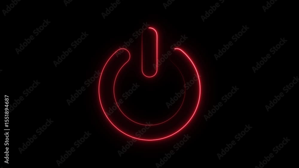 Poster glowing red neon power button icon on black background loopable animation