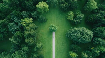 drone shot of park lawn with single person reading under tree