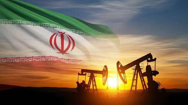 Two oil pumps are silhouetted against a sunset with the iranian flag waving in the foreground