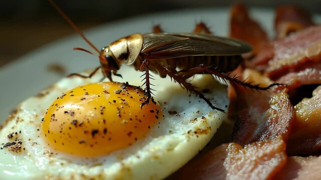 Cockroach crawling over a fried egg with crispy bacon nearby