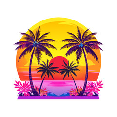 Bold Tropical Sunset T-Shirt Design – Symmetrical Palm Trees, Vibrant Ocean Waves, Bright Floral Foreground, High-Contrast Modern Beach Graphic Print


