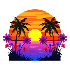 Bold Tropical Sunset T-Shirt Design – Symmetrical Palm Trees, Vibrant Ocean Waves, Bright Floral Foreground, High-Contrast Modern Beach Graphic Print

