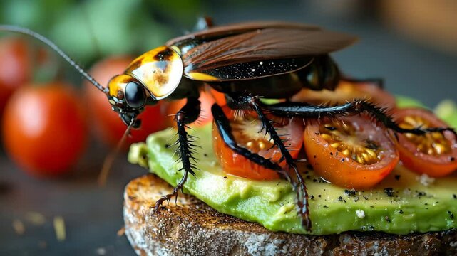 An insect resting on a slice of toast with avocado and tomatoes