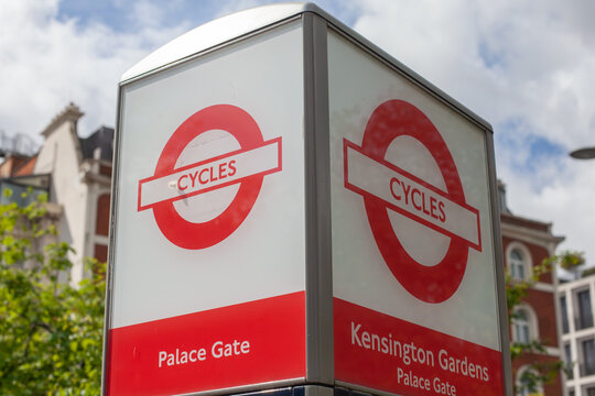 London, United Kingdom May 04 2023 TfL cycle hire sign at Palace Gate Kensington