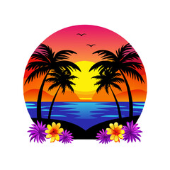 Naklejka premium Bold Tropical Sunset T-Shirt Design – Symmetrical Palm Trees, Vibrant Ocean Waves, Bright Floral Foreground, High-Contrast Modern Beach Graphic Print