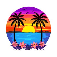 Bold Tropical Sunset T-Shirt Design – Symmetrical Palm Trees, Vibrant Ocean Waves, Bright Floral Foreground, High-Contrast Modern Beach Graphic Print

