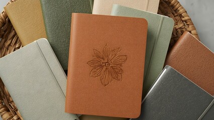 Leather Notebook Collection: A curated collection of leather notebooks, in rustic basket, showcasing diverse texture and color, each poised for creative expression and personal reflection.