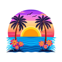 Bold Tropical Sunset T-Shirt Design – Symmetrical Palm Trees, Vibrant Ocean Waves, Bright Floral Foreground, High-Contrast Modern Beach Graphic Print

