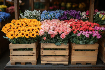 Colorful flowers in wooden crates.