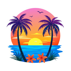 Bold Tropical Sunset T-Shirt Design – Symmetrical Palm Trees, Vibrant Ocean Waves, Bright Floral Foreground, High-Contrast Modern Beach Graphic Print

