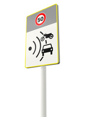 panneau routier Français indiquant une zone de contrôles radar et une vitesse limitée à 50 km/h - rendu 3D sur fond transparent