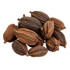 Earthy aromatic black cardamom pods, culinary spice heap, food flavoring on transparent background