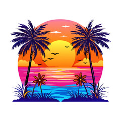 Bold Tropical Sunset T-Shirt Design – Symmetrical Palm Trees, Vibrant Ocean Waves, Bright Floral Foreground, High-Contrast Modern Beach Graphic Print

