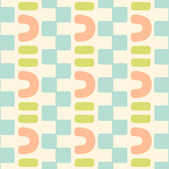 Hand drawn abstract geometric check seamless pattern. Organic shapes mosaic background. Geo stripe pastel border print.