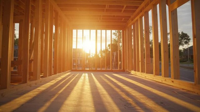 Sunlight streams through the wooden frame of a new home under construction