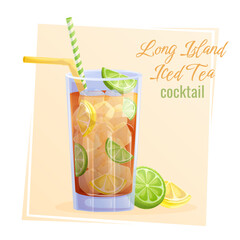 Long island cocktail iced tea in a glass, a slice of lime, lemon, ice on a yellow background. The concept of a party, cocktail bar, summer. Isolated vector illustration for menu design, poster, banner