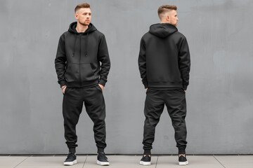 A young man wearing a black hoodie and matching joggers sports suit mockup, standing in front of a gray wall. The outfit is casual and sporty, showcasing a modern streetwear style.