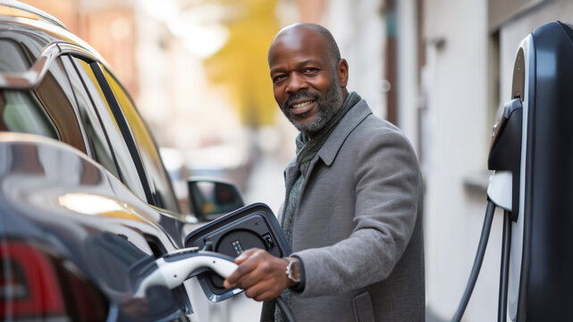 Middle-aged black man charging electric vehicle at urban charging station. Sustainable transportation technology making eco-friendly innovations accessible to everyone. Modern green lifestyle concept - Powered by Adobe